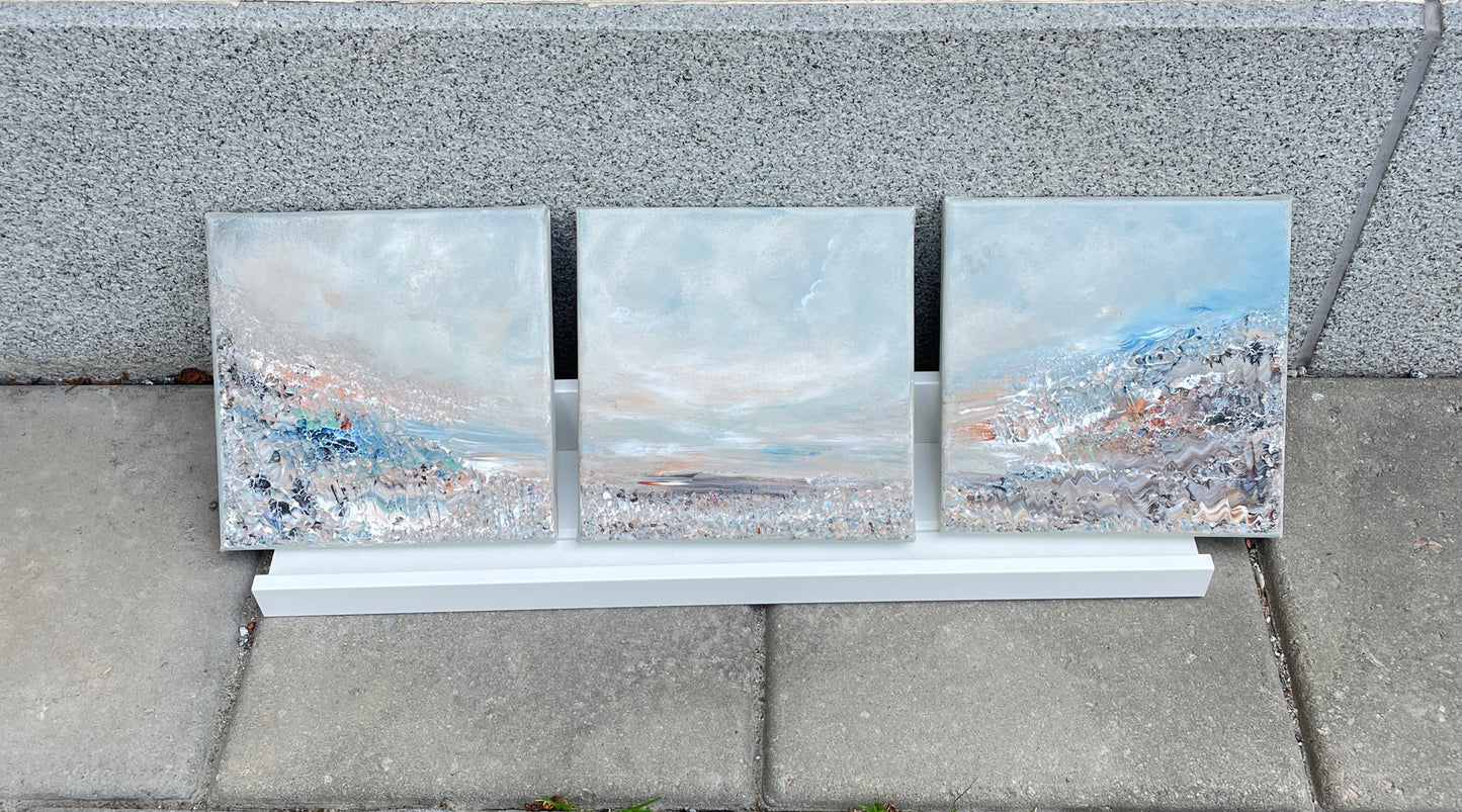 "Smögen" 3 minitavlor - abstrakt nordisk naturkänsla 20x20 cm x 3